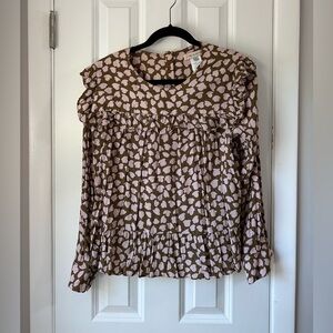 Paul & Joe Sister Ruffled Bib Long Sleeve Peplum Top - Brown/Pink - Size 3